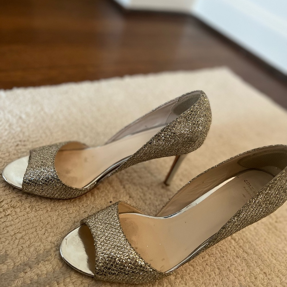 Cole Haan silver glitter peep toe pumps